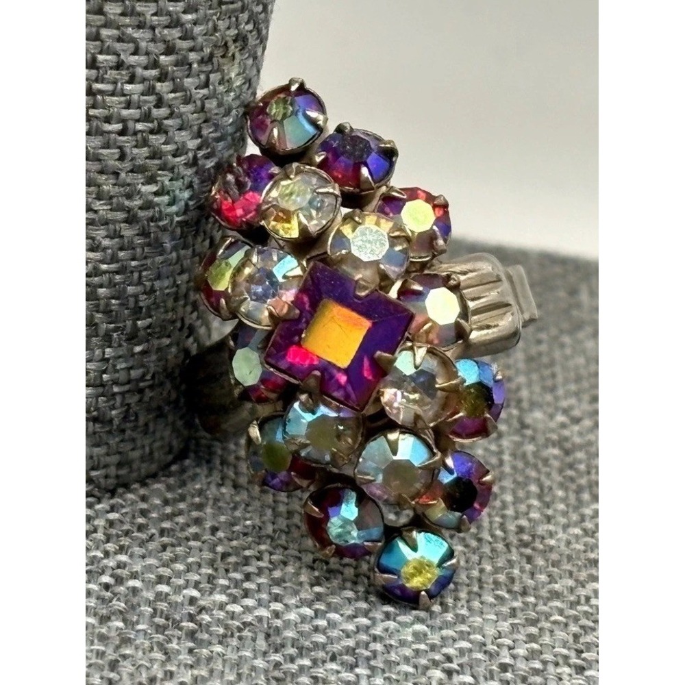 Vintage AB Aurora Borealis Rhinestone Cluster Cocktail Ring Adjustable Size 7